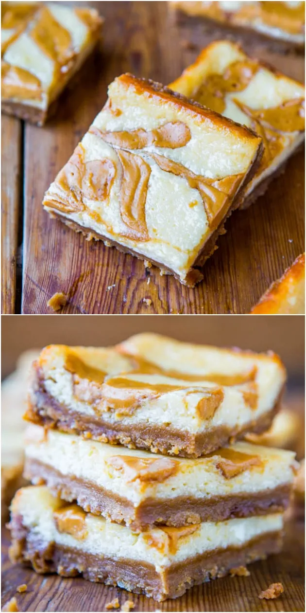 Peanut Butter Swirled Cheesecake Bars with Brown Sugar Graham Cracker Crust