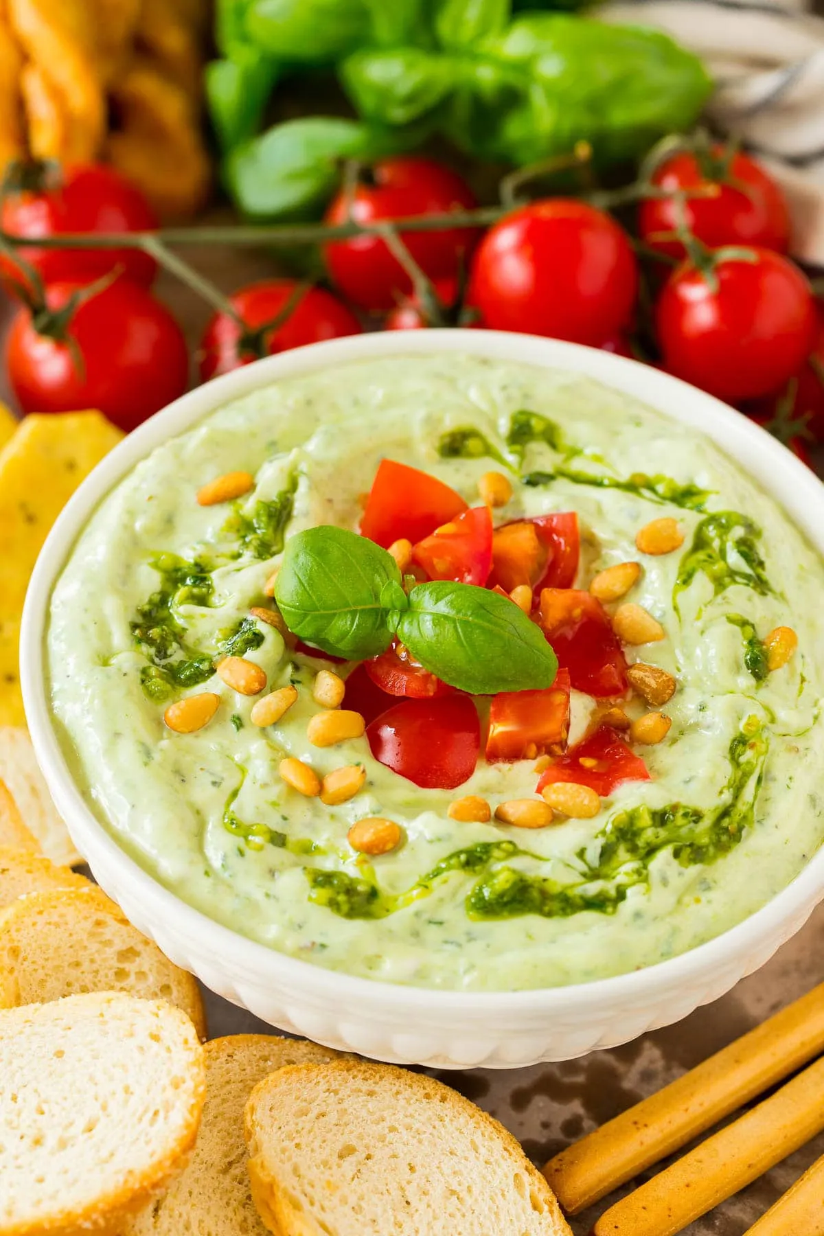 Pesto Dip with Toasted Baguette Slices and Crudites