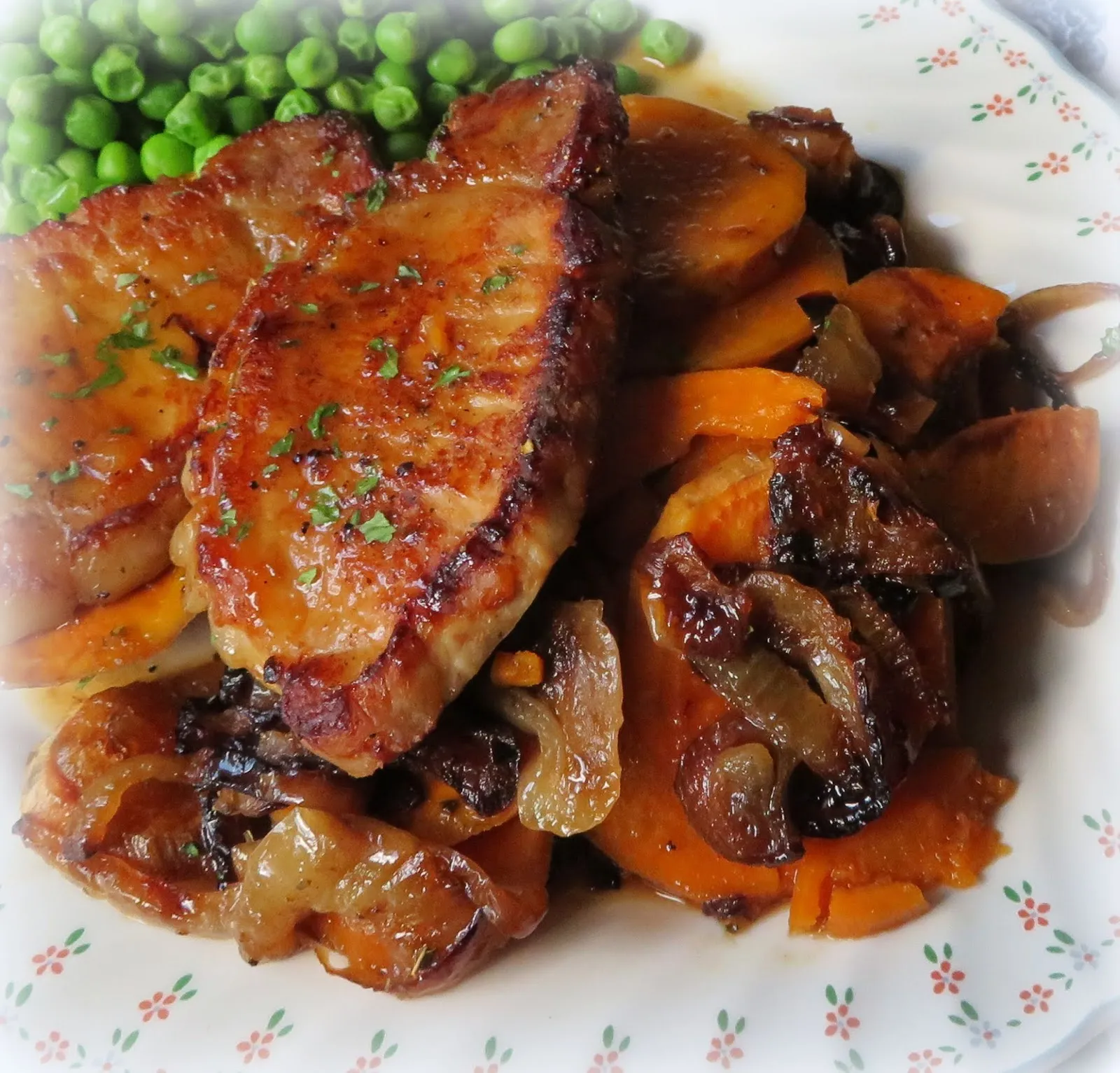 Pork Chops with Peach Sauce and Baked Sweet Potatoes