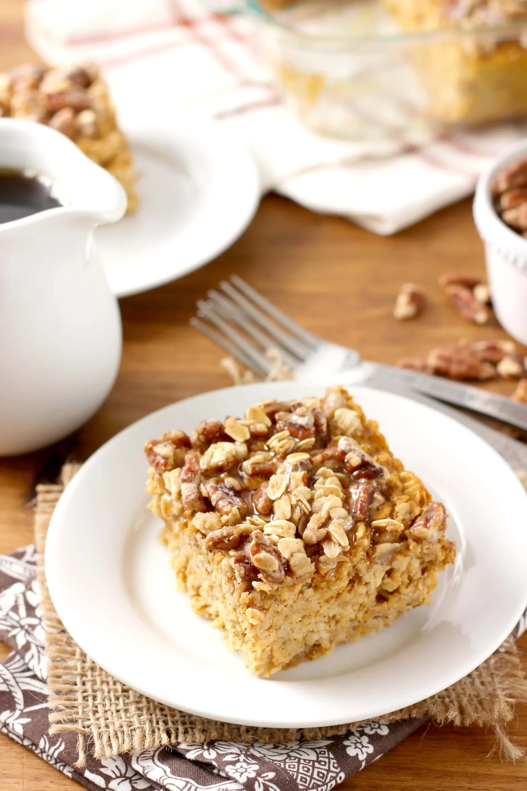 Pumpkin Baked Oatmeal with Maple Pecans (Dairy Free)