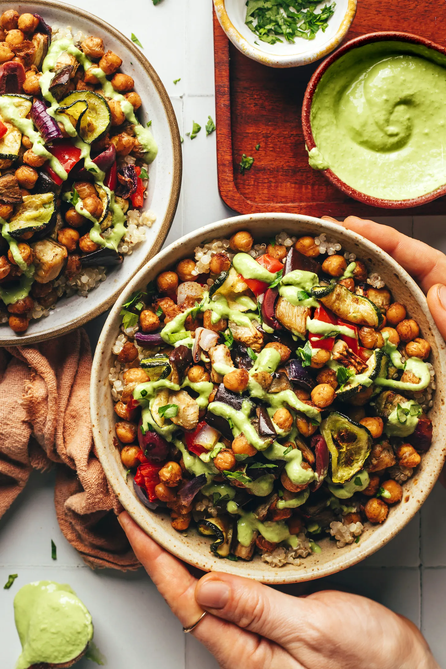 Roasted Chickpea Veggie Brown Rice Bowl with Cilantro Lime Dressing