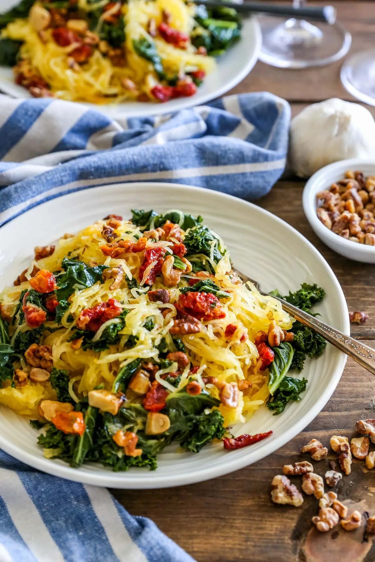 Roasted Garlic Kale Spaghetti Squash Sun Dried Tomatoes