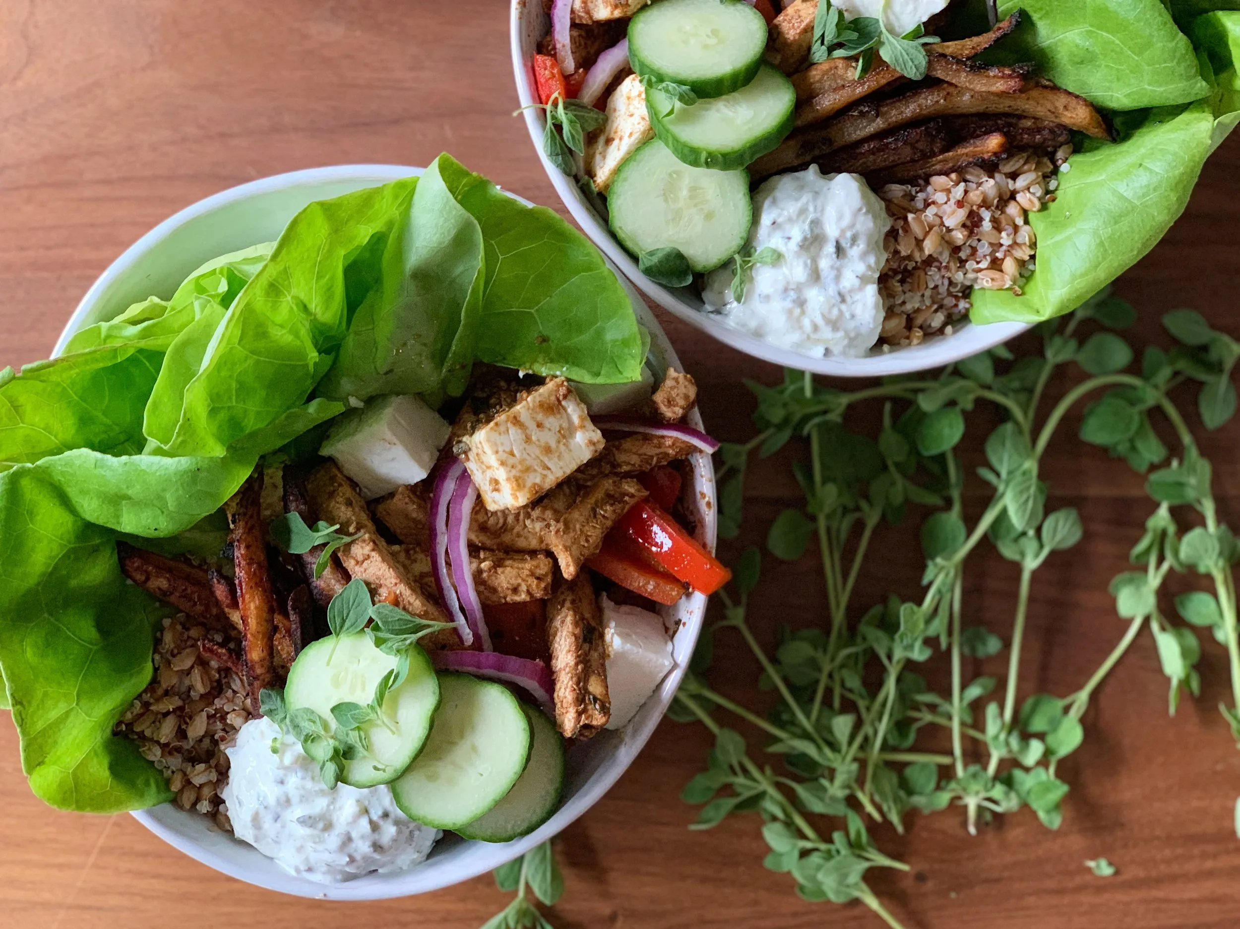 Roasted Greek Chicken and Farro Salad with Oven Fries