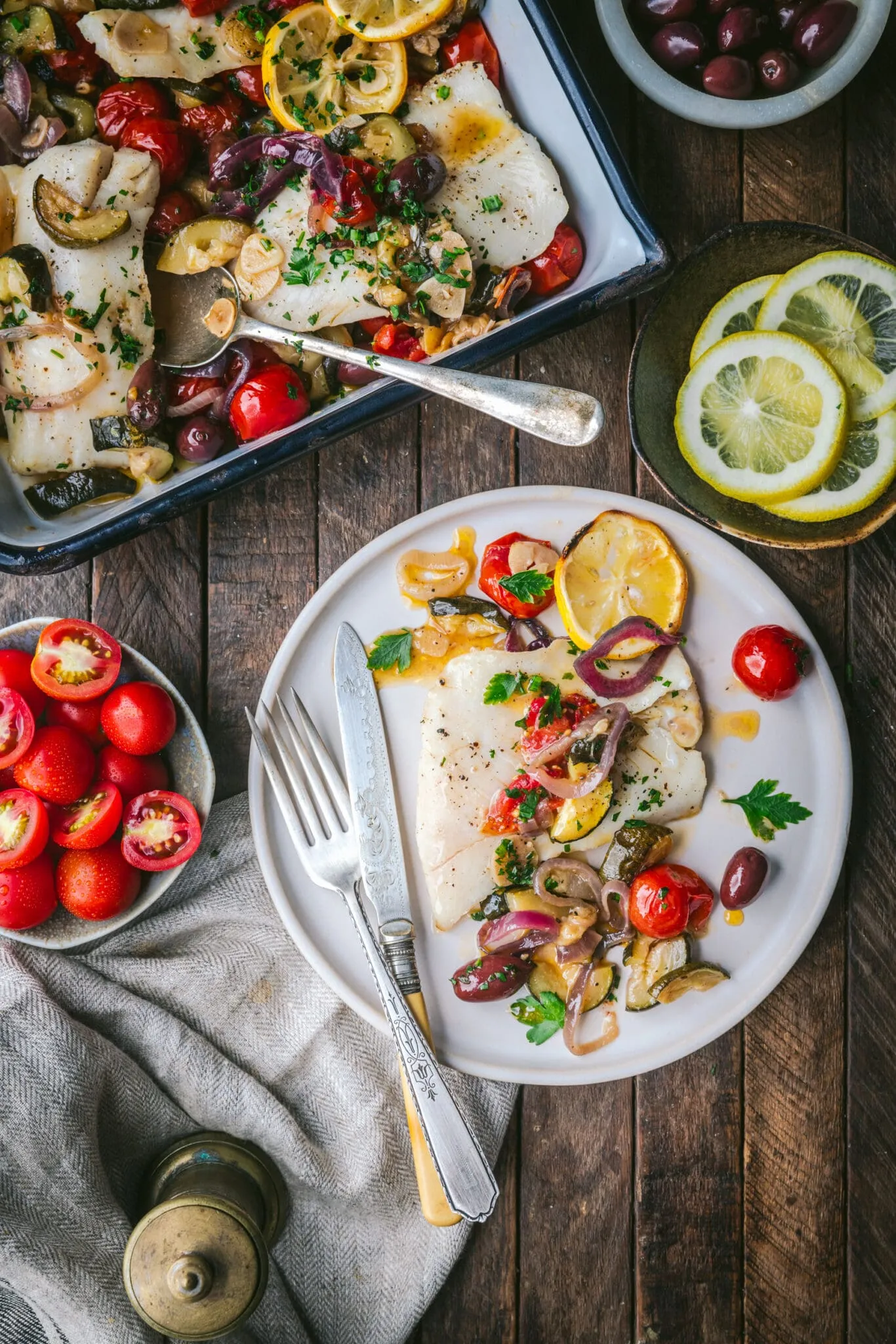 Roasted White Fish with Tomatoes, Zucchini, and Olives