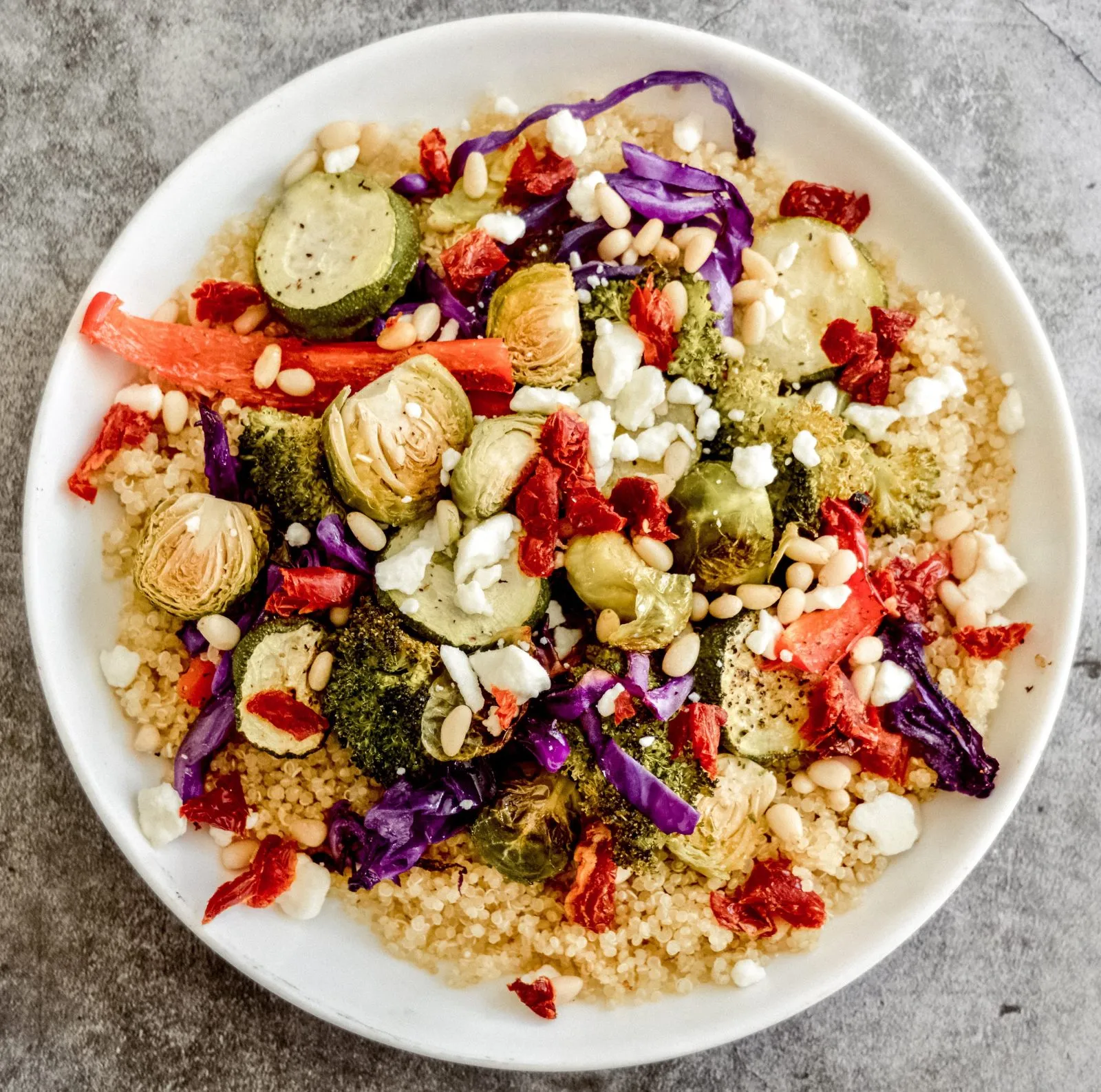 Roasted Winter Vegetable and Pesto Quinoa Bowl