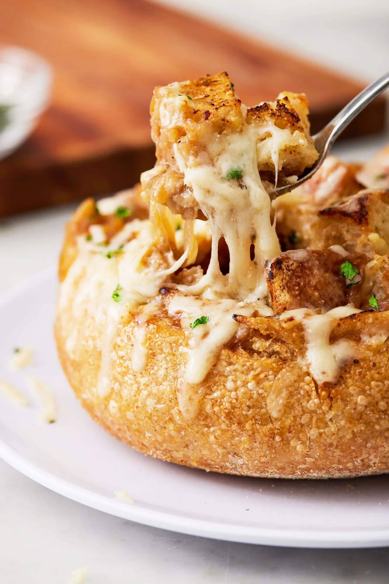 Rustic French Onion Soup Bread Bowls with Homemade Croutons and Side Salad