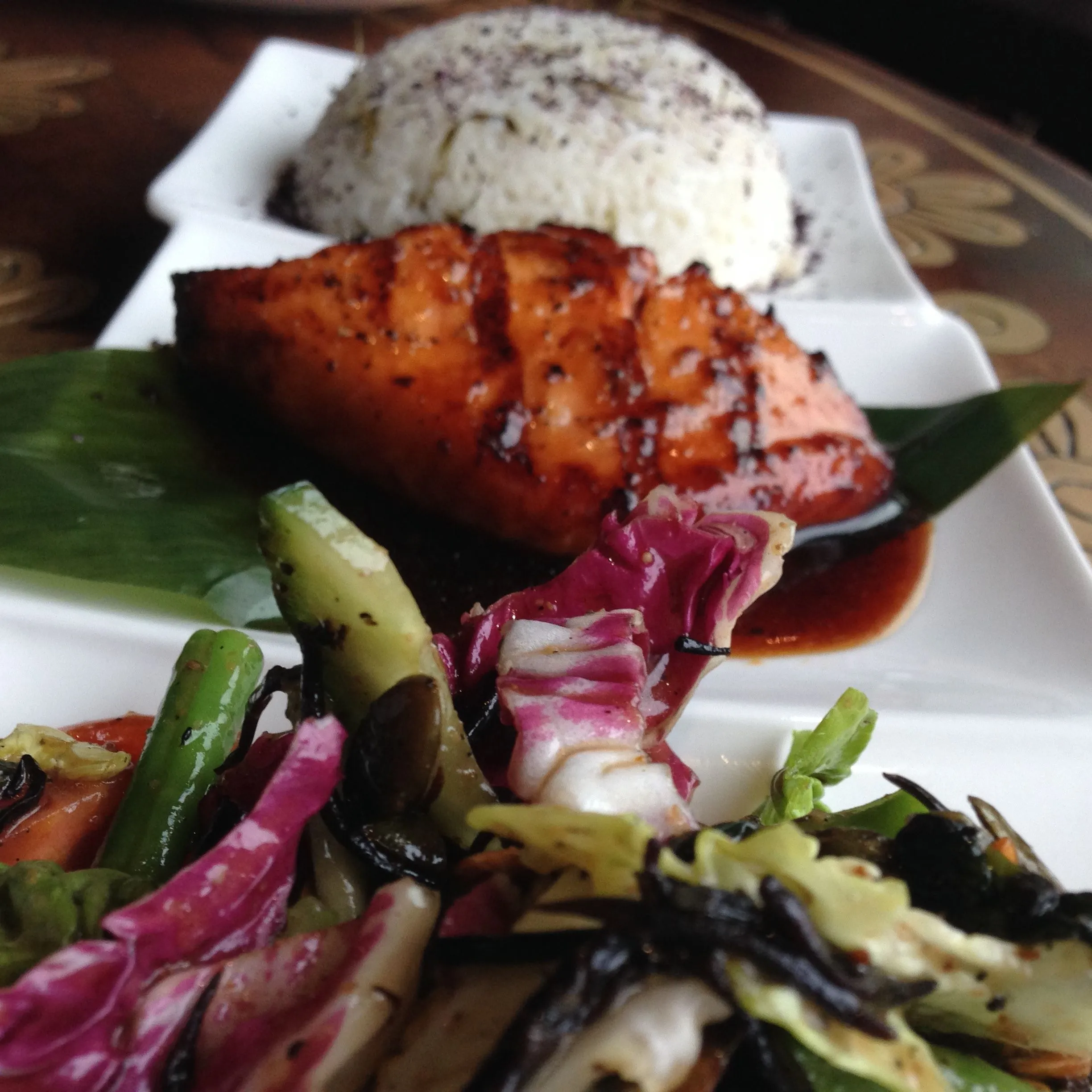 Salmon Satay with Orange Jasmine Rice and Chopsticks Salad