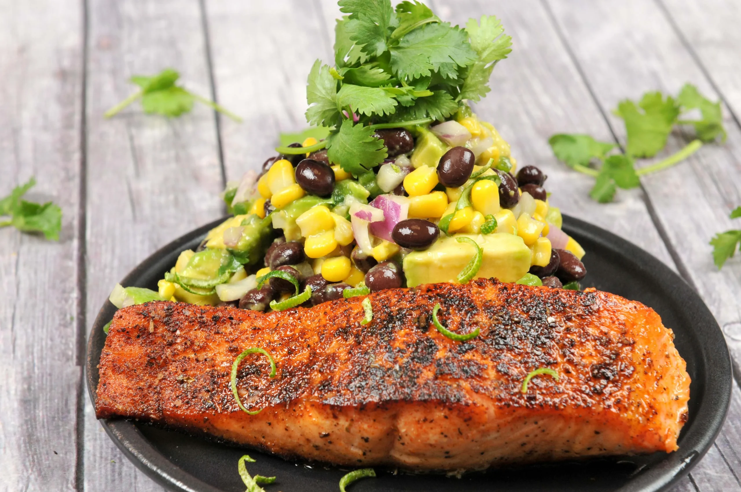 Salmon with Corn Salsa and Avocado Cream