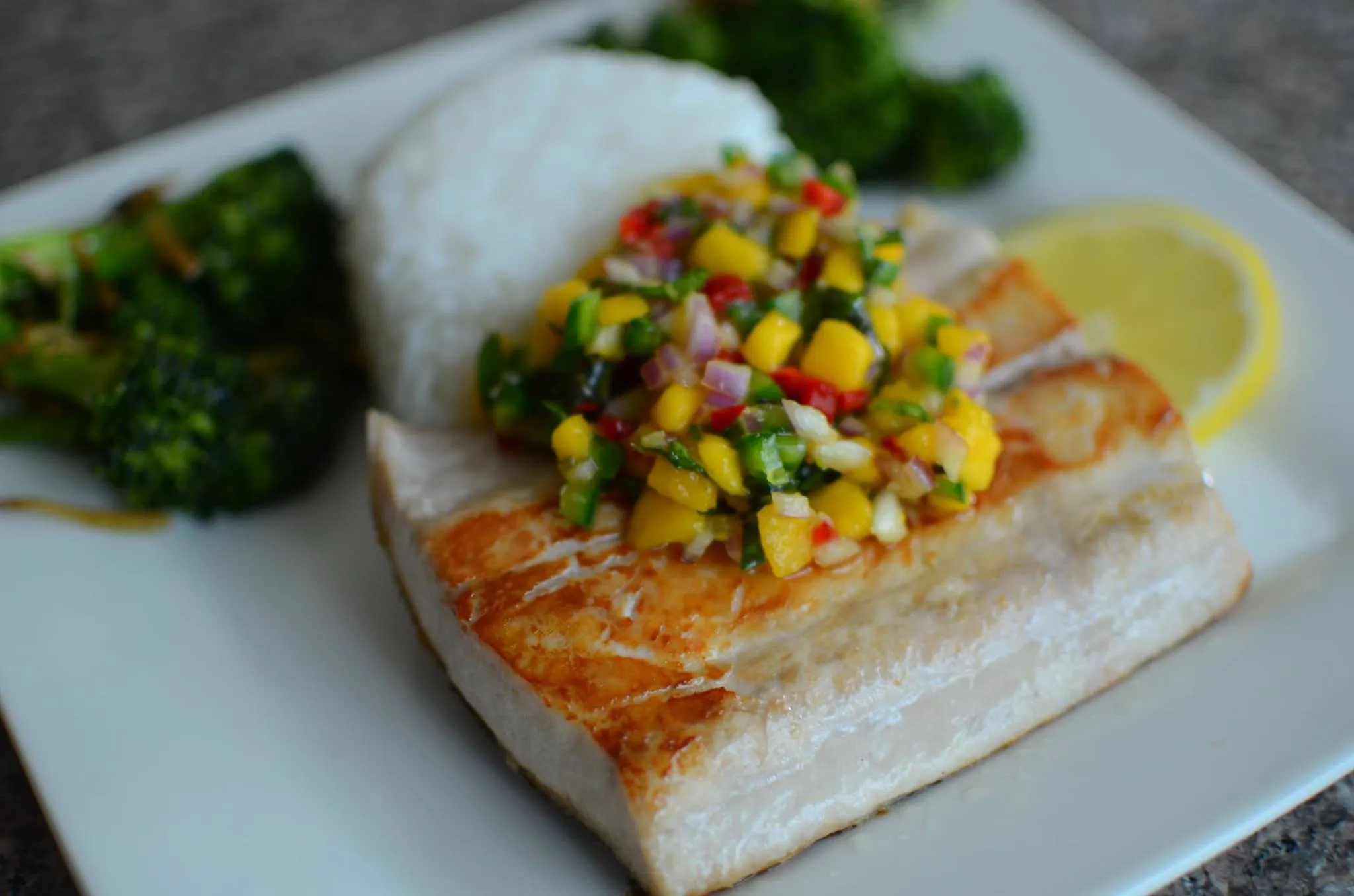 Seared Mahi Mahi with Grilled Mango Pineapple Salsa, Green Rice, and Black Beans