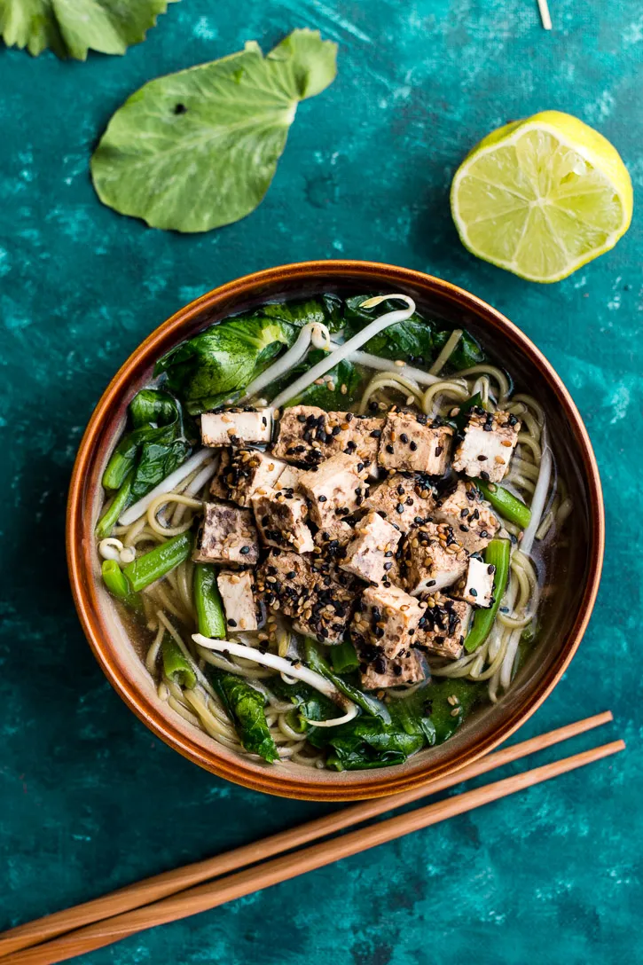Sesame Soba Noodle Soup with Shiitakes, Snap Peas, and Tofu