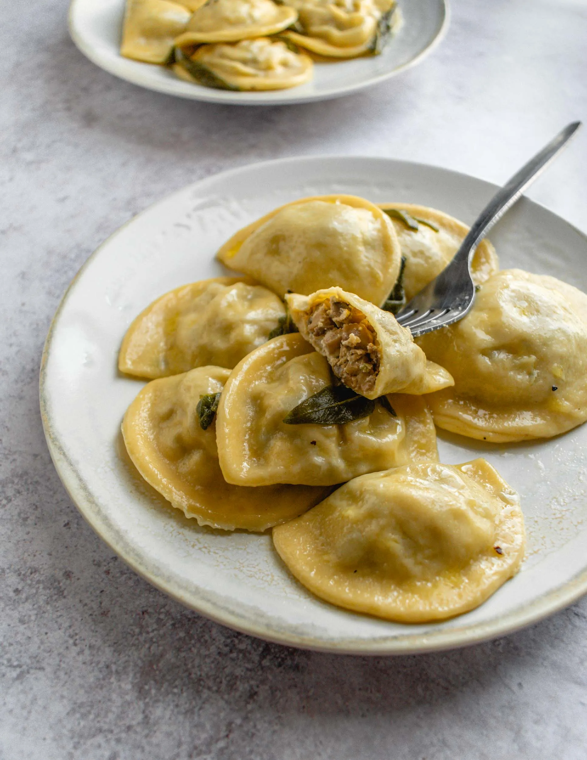 Shrimp Ravioli with Mushrooms Sage Browned Butter
