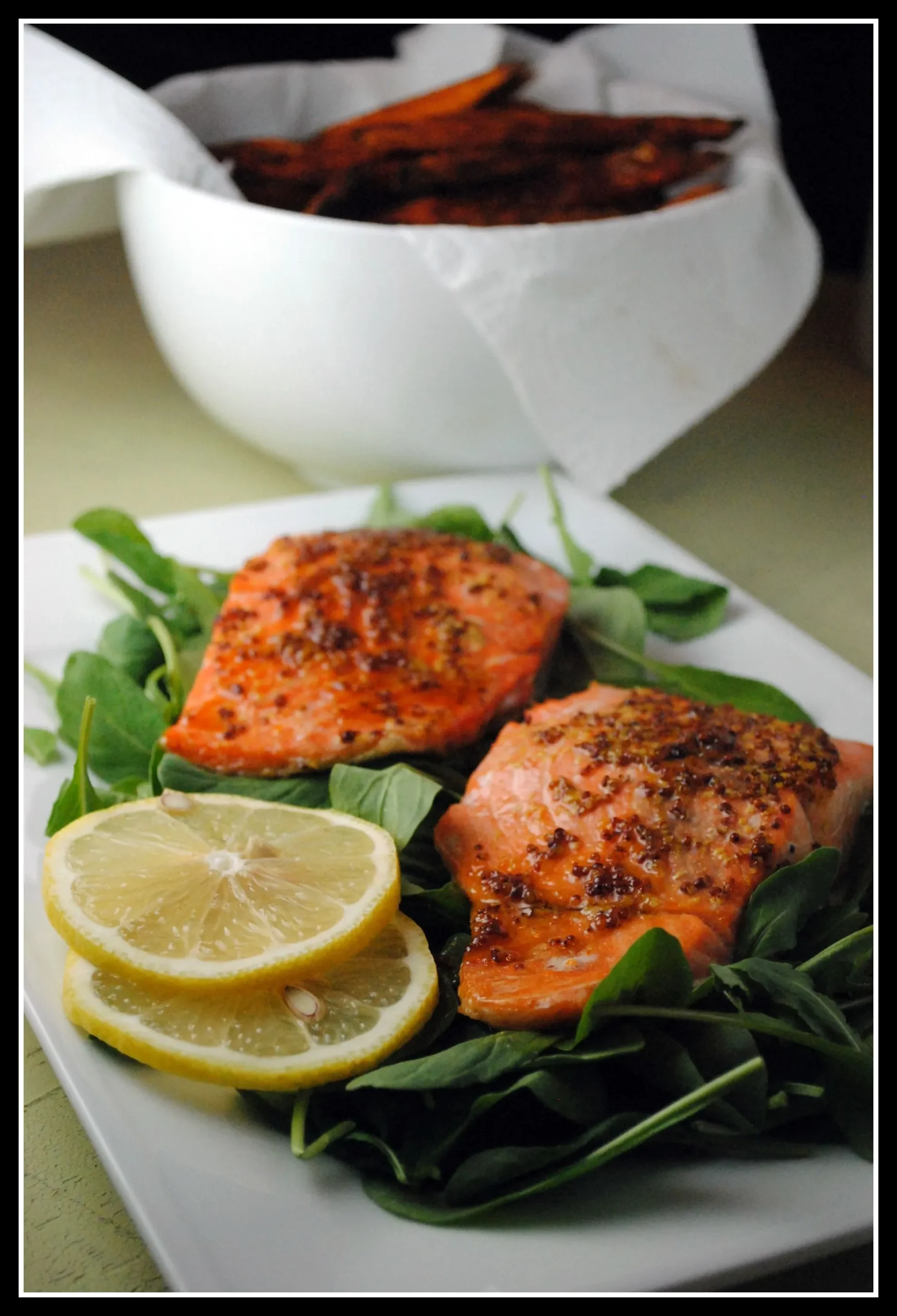 Simple Honey Dijon Salmon and Sweet Potato Fries