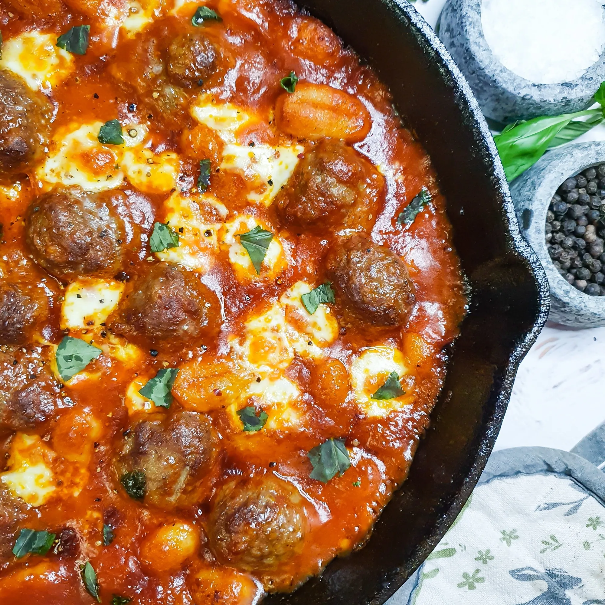 Skillet Pesto Meatball Gnocchi Bake