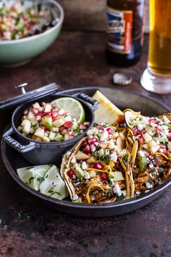 Spicy Cider Beer Braised Chicken Enchilada Tacos with Sweet Chili Apple Pomegranate Salsa