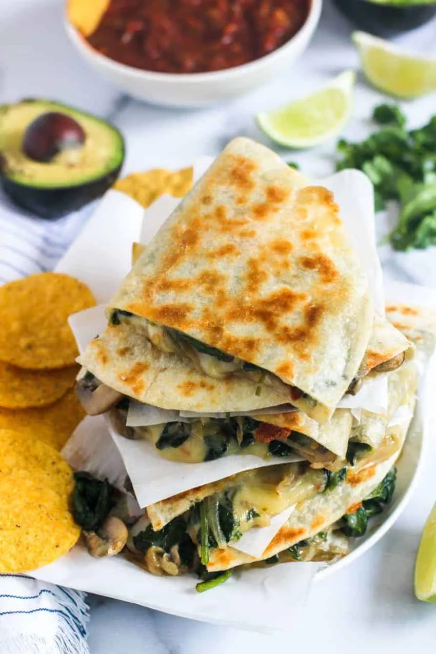 Spinach Mushroom Quesadillas with Avocado Pepper Jack