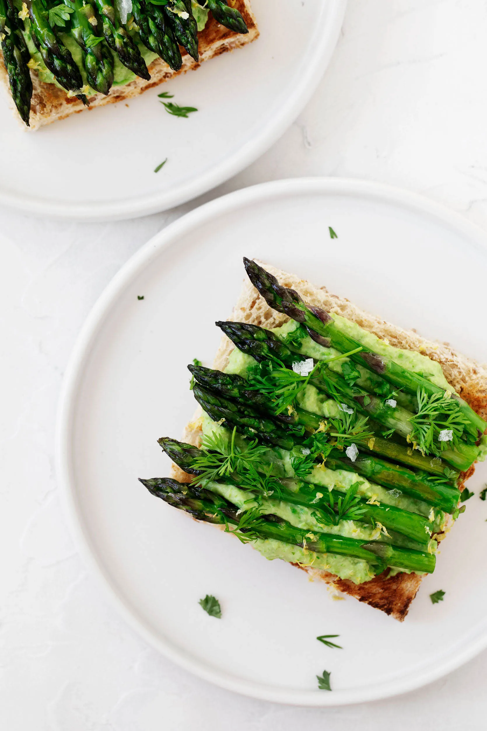 Spring Tartine with Sweet Pea Hummus, Grilled Asparagus, and Lemon Zest