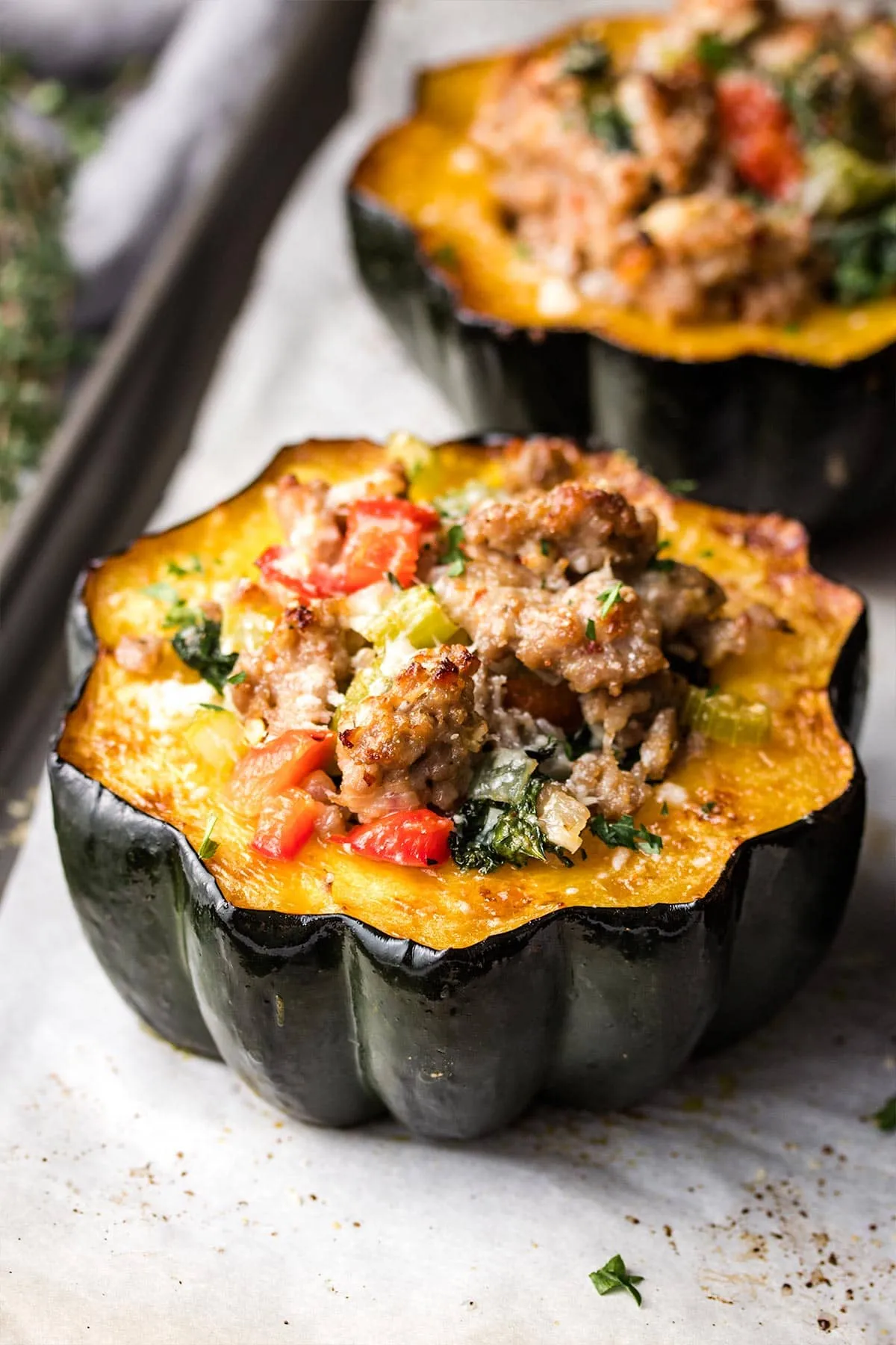 Stuffed Acorn Squash with Ground Beef, Kale, and Brussels Sprouts