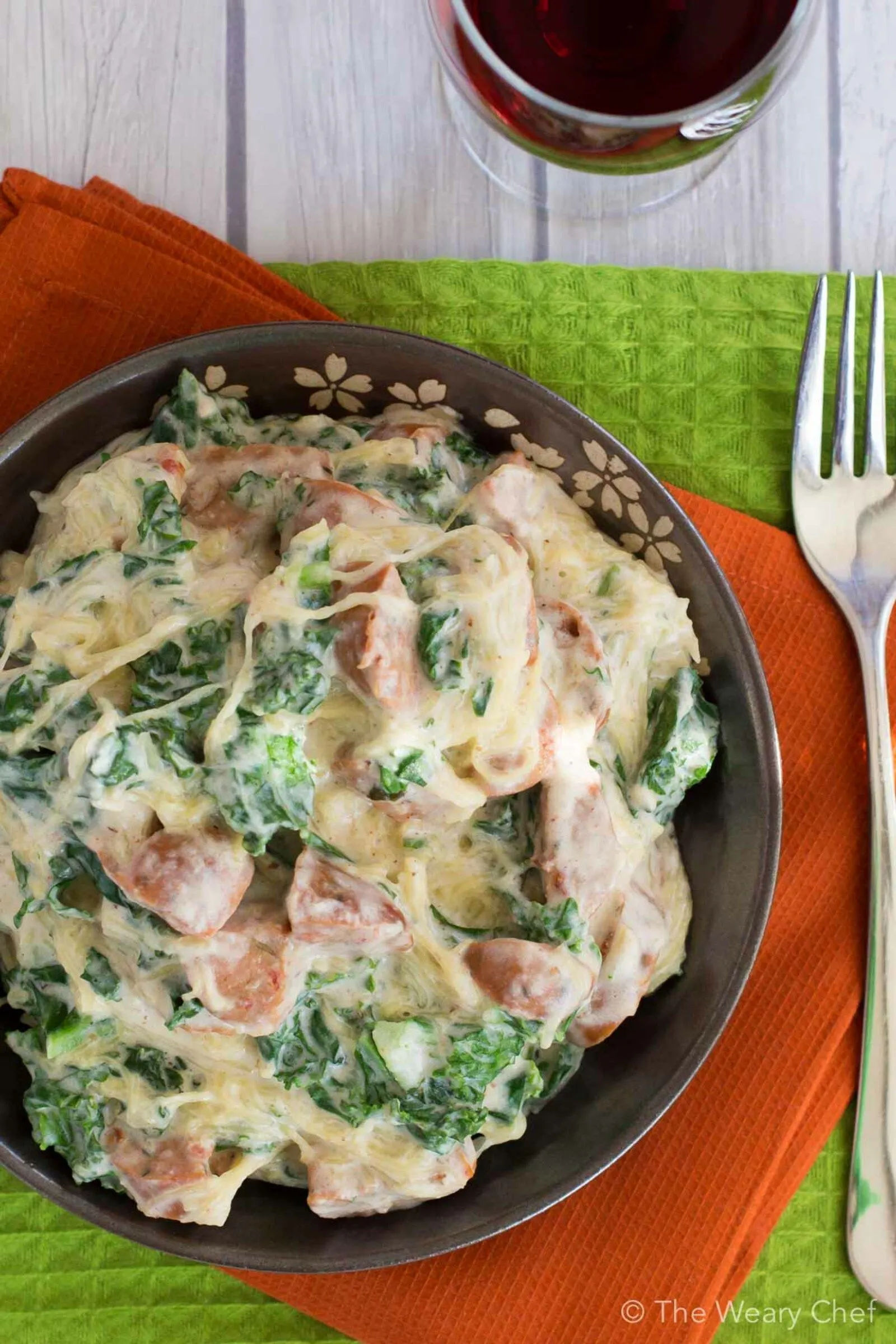 Super Healthy Sausage Alfredo with Spaghetti Squash