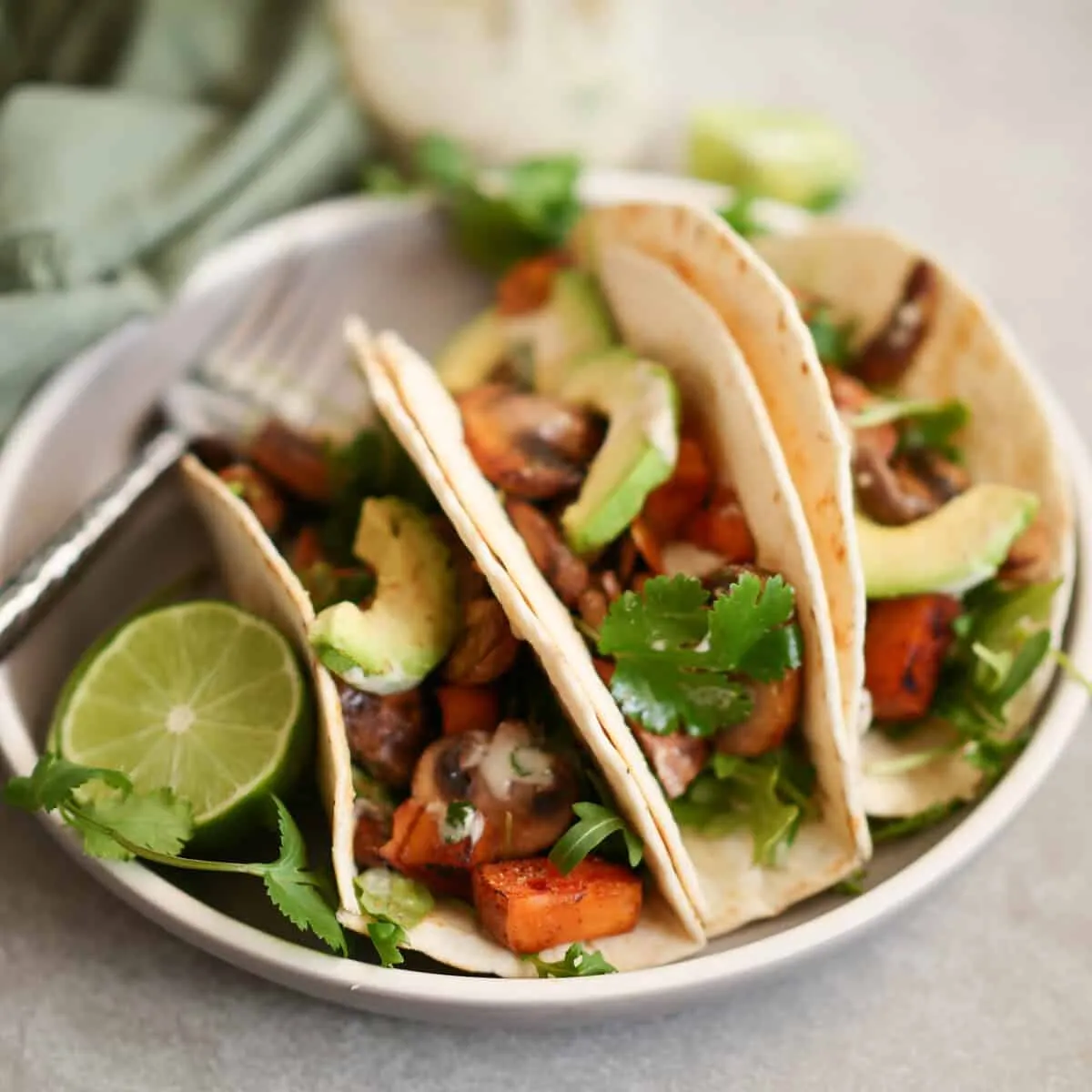 Sweet Potato Mushroom Radish Slaw Tacos