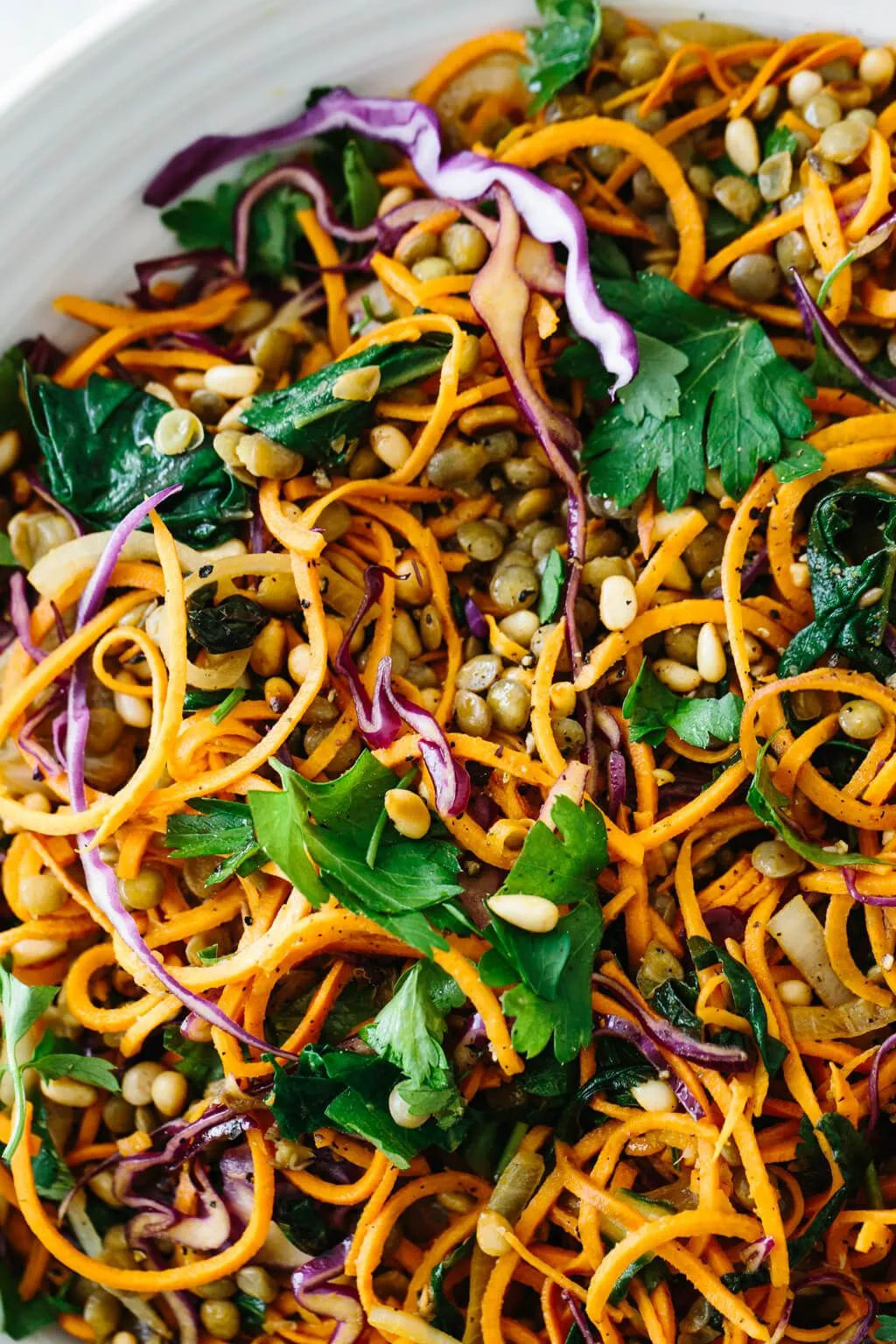 Sweet Potato Noodle and Apple Spinach Salad with Almond Dijon Vinaigrette