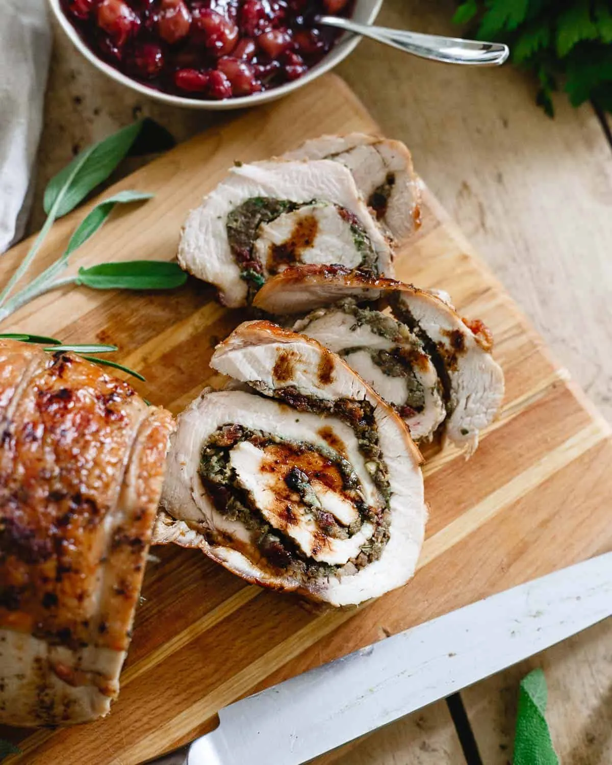 Tart Cherry Chestnut Stuffed Turkey Roulade