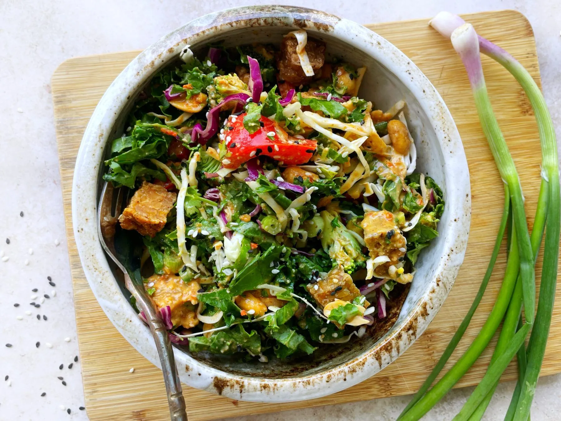 Thai Kale Salad with Sesame Polenta Croutons