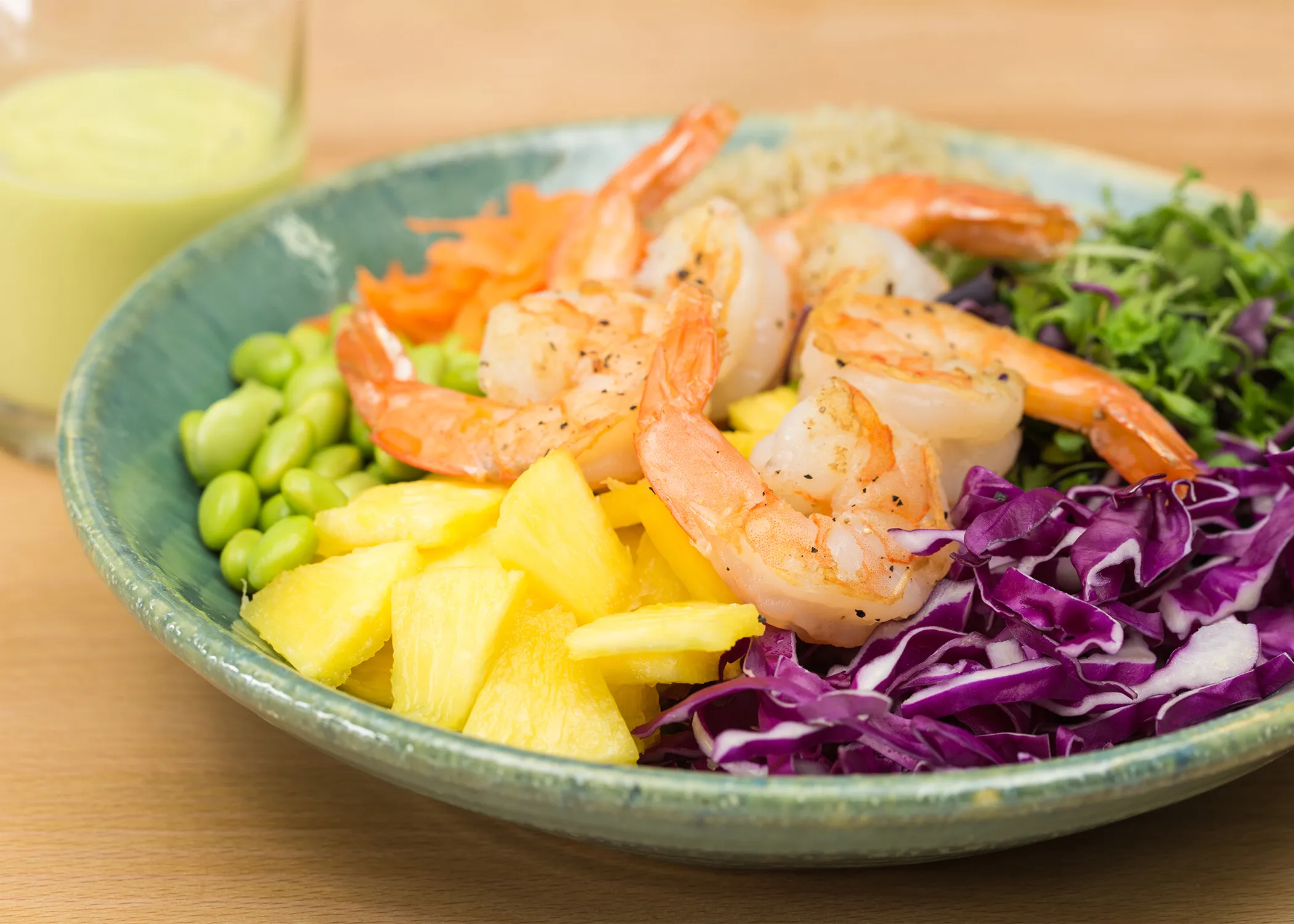 Tropical Shrimp Buddha Bowl with Pineapple Peanut Dressing