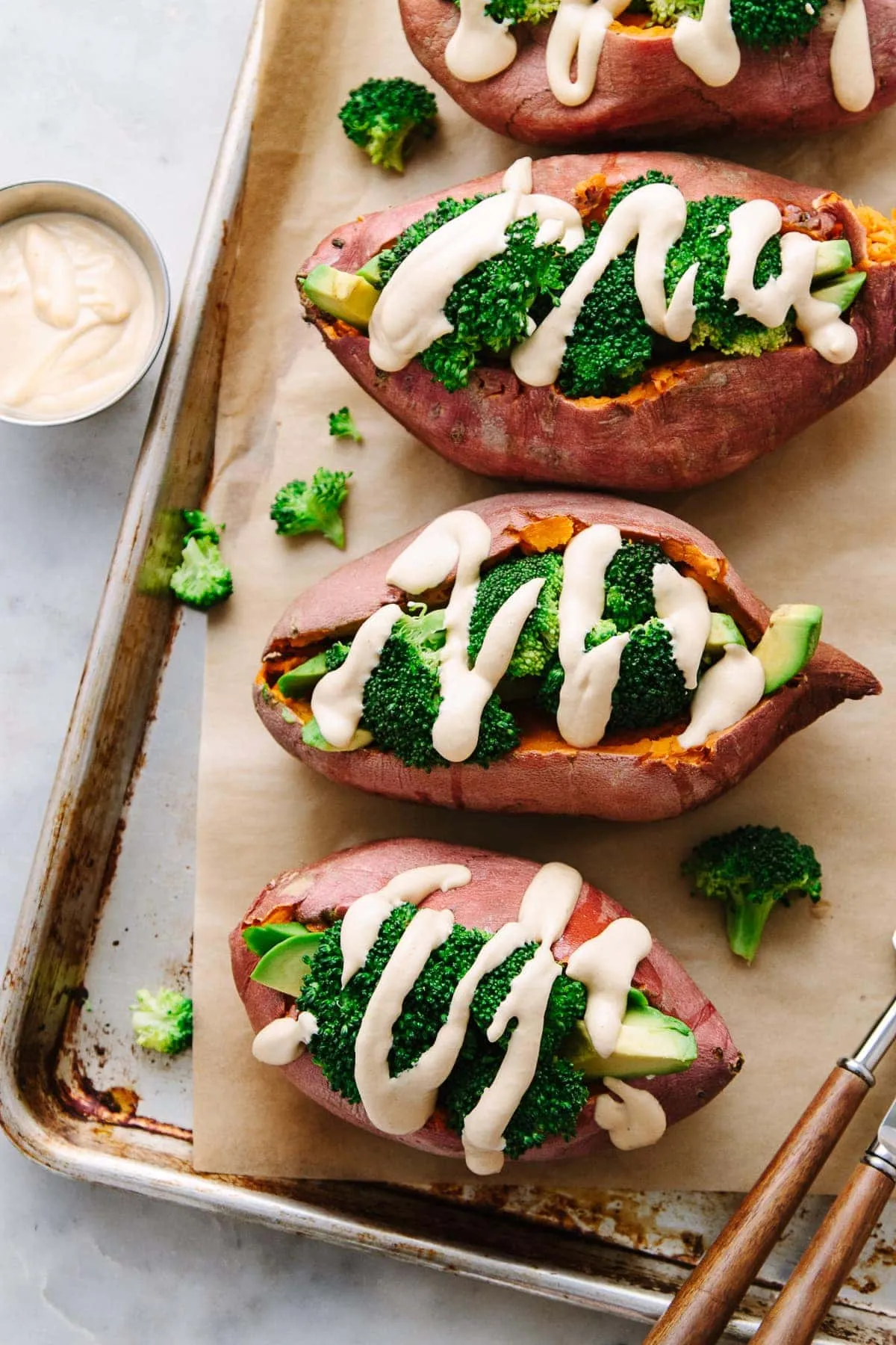 Vegan Broccoli Cheddar Stuffed Sweet Potatoes