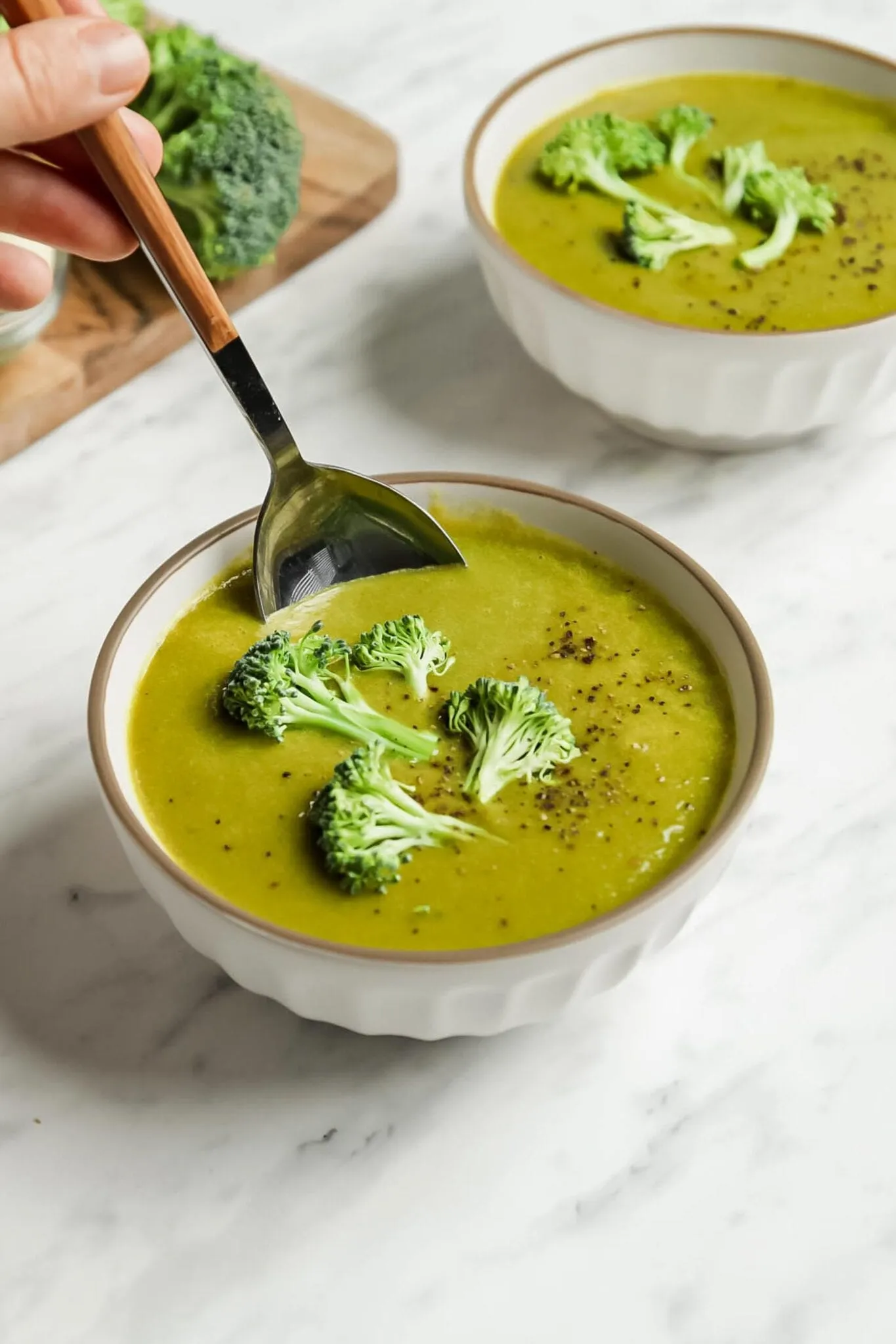 Vegan Cream of Broccoli Soup with Coconut Milk, Spinach, and Basil
