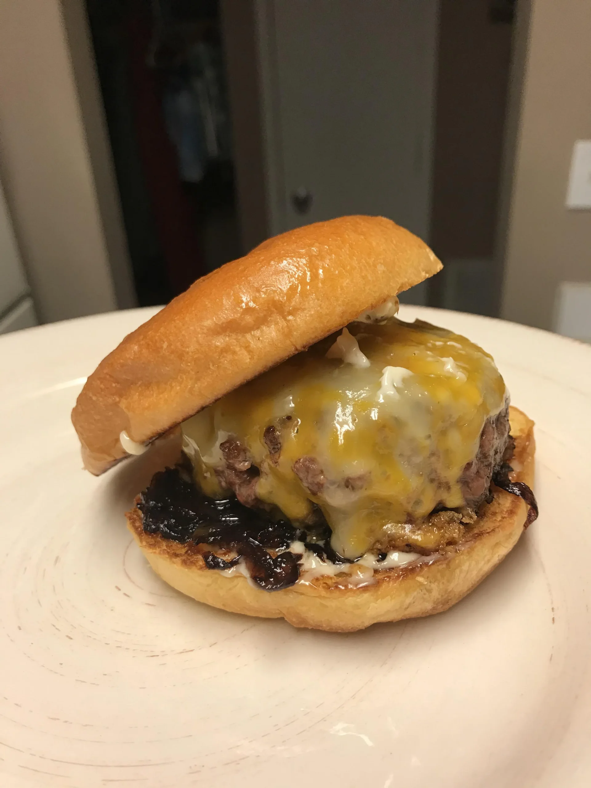 Wagyu Beef Burger with Red Wine Caramelized Onions and Roasted Garlic Aioli