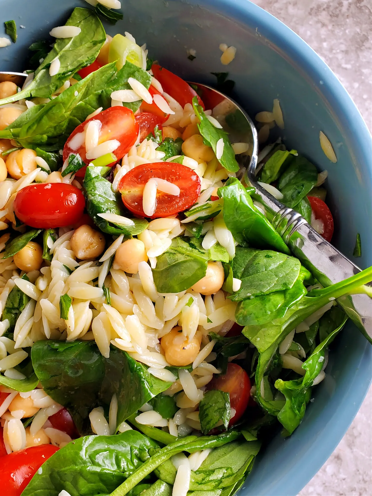 Warm Orzo and Chickpea Salad with Spinach