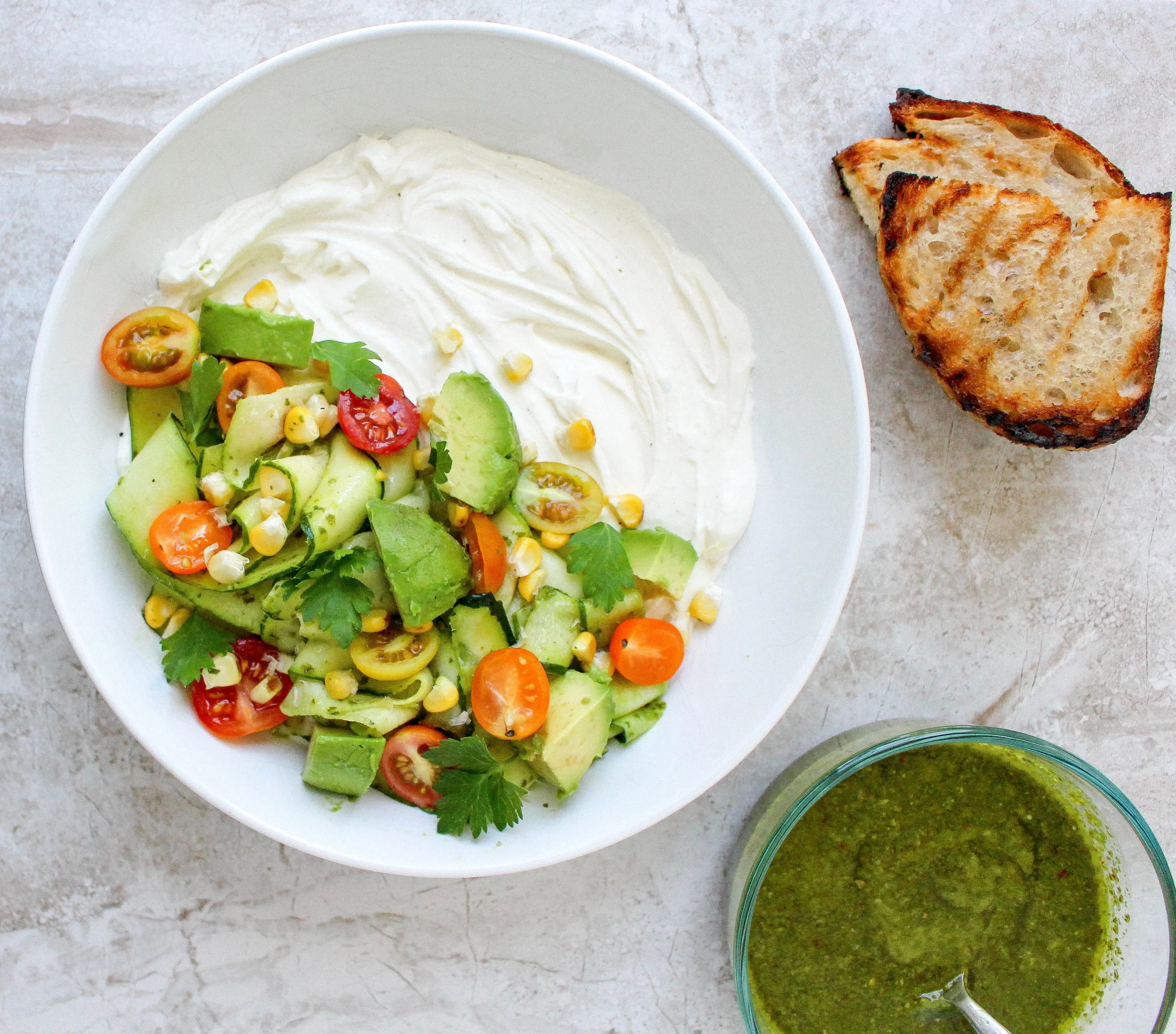 Whipped Feta Ricotta with Shaved Zucchini Grilled Corn Chimichurri Vinaigrette
