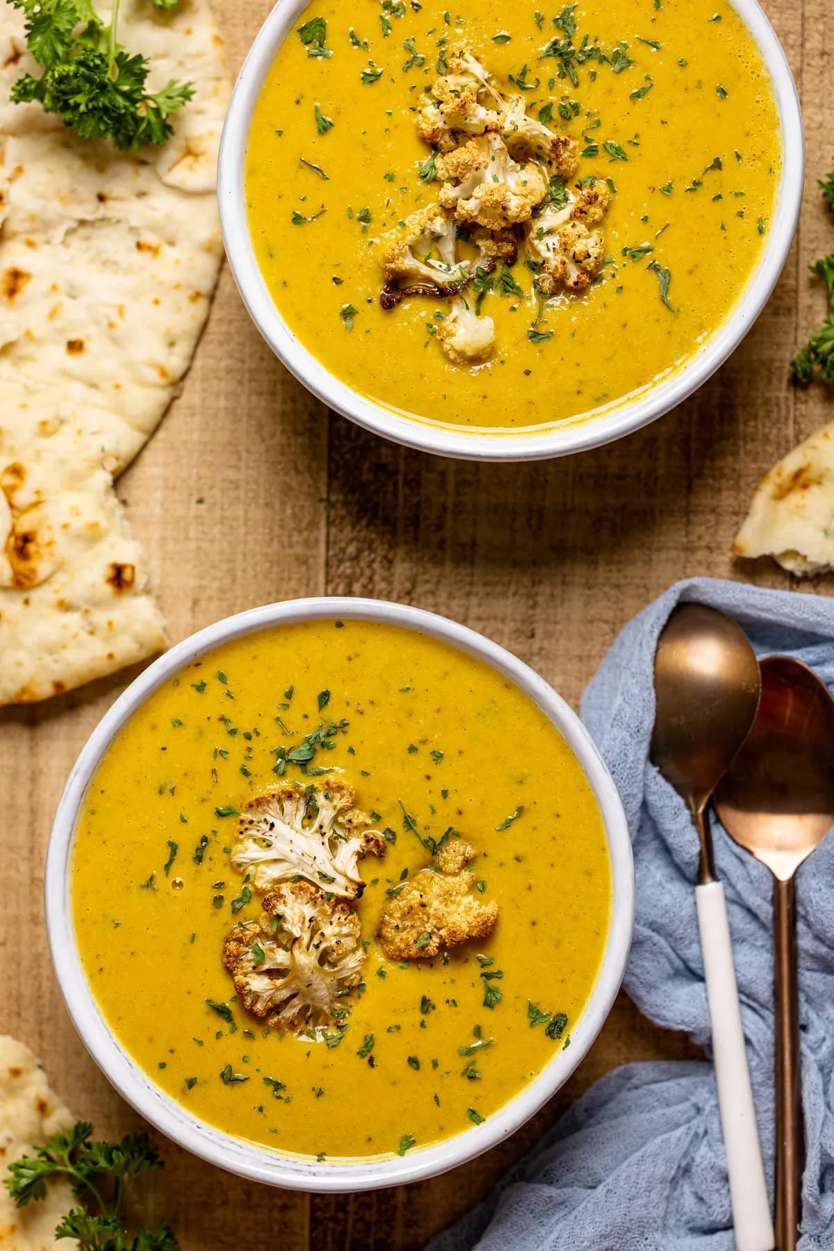 creamy roasted garlic cauliflower chickpea soup