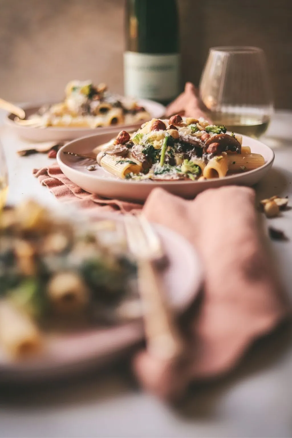 creamy vegetable pasta with toasted hazelnuts