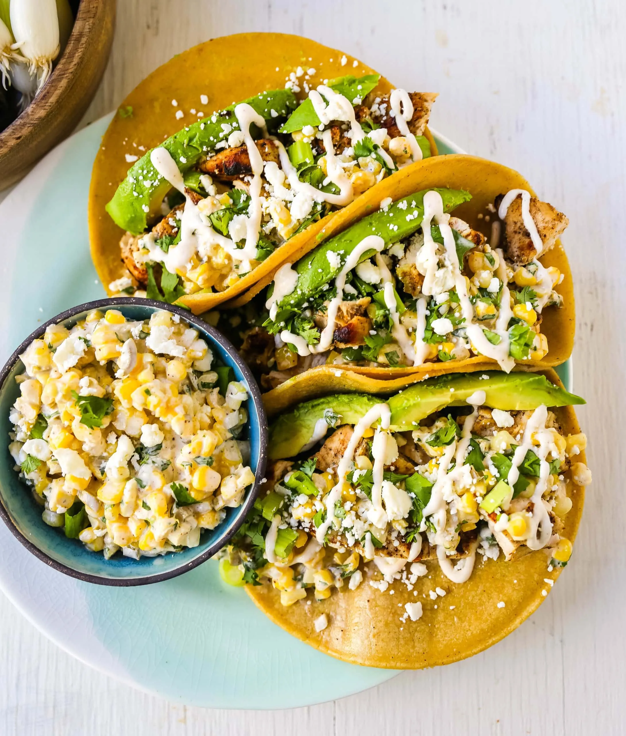 crunchy mexican bbq sauced chicken tacos charred corn relish