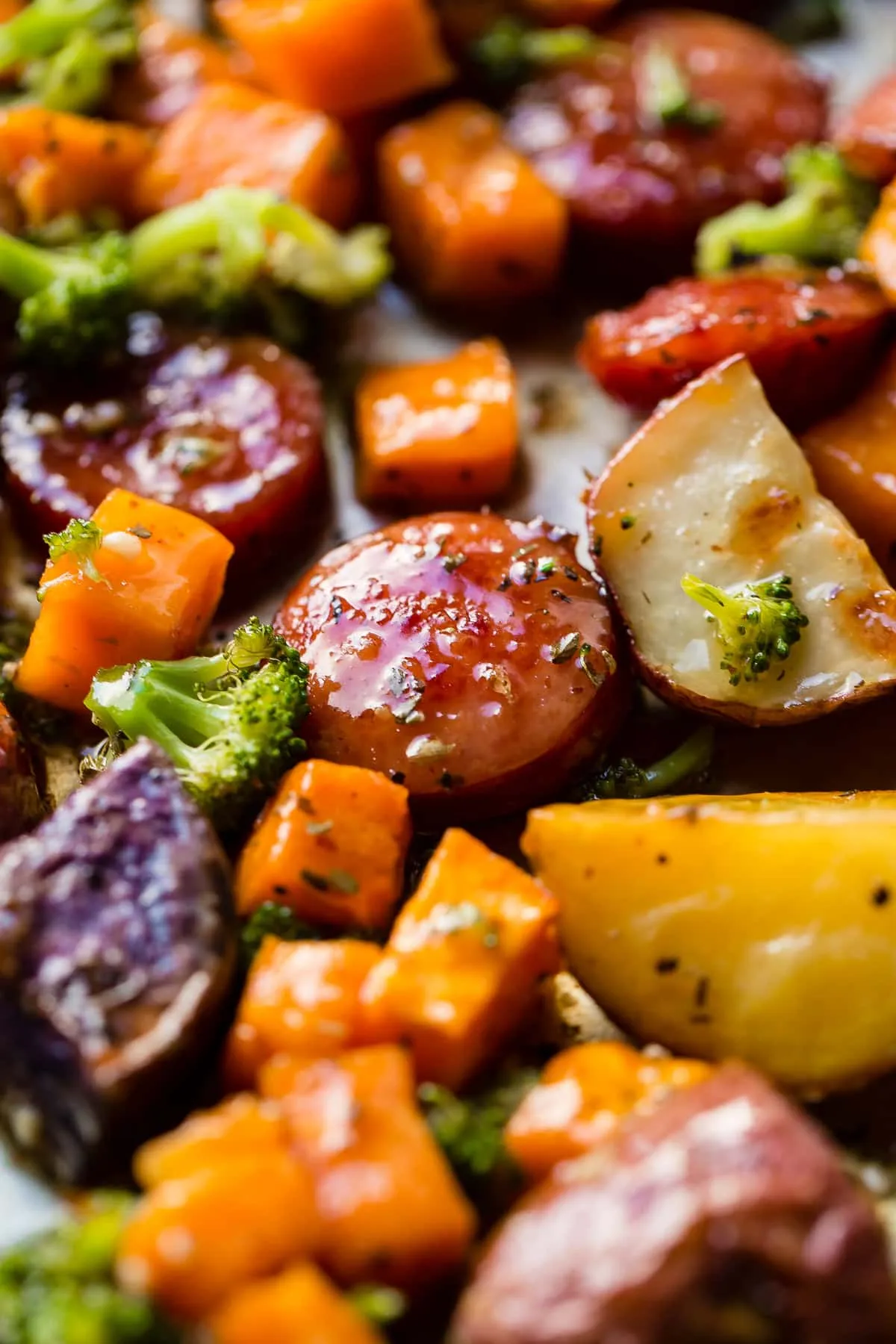 honey mustard sheet pan kielbasa broccoli and sweet potatoes