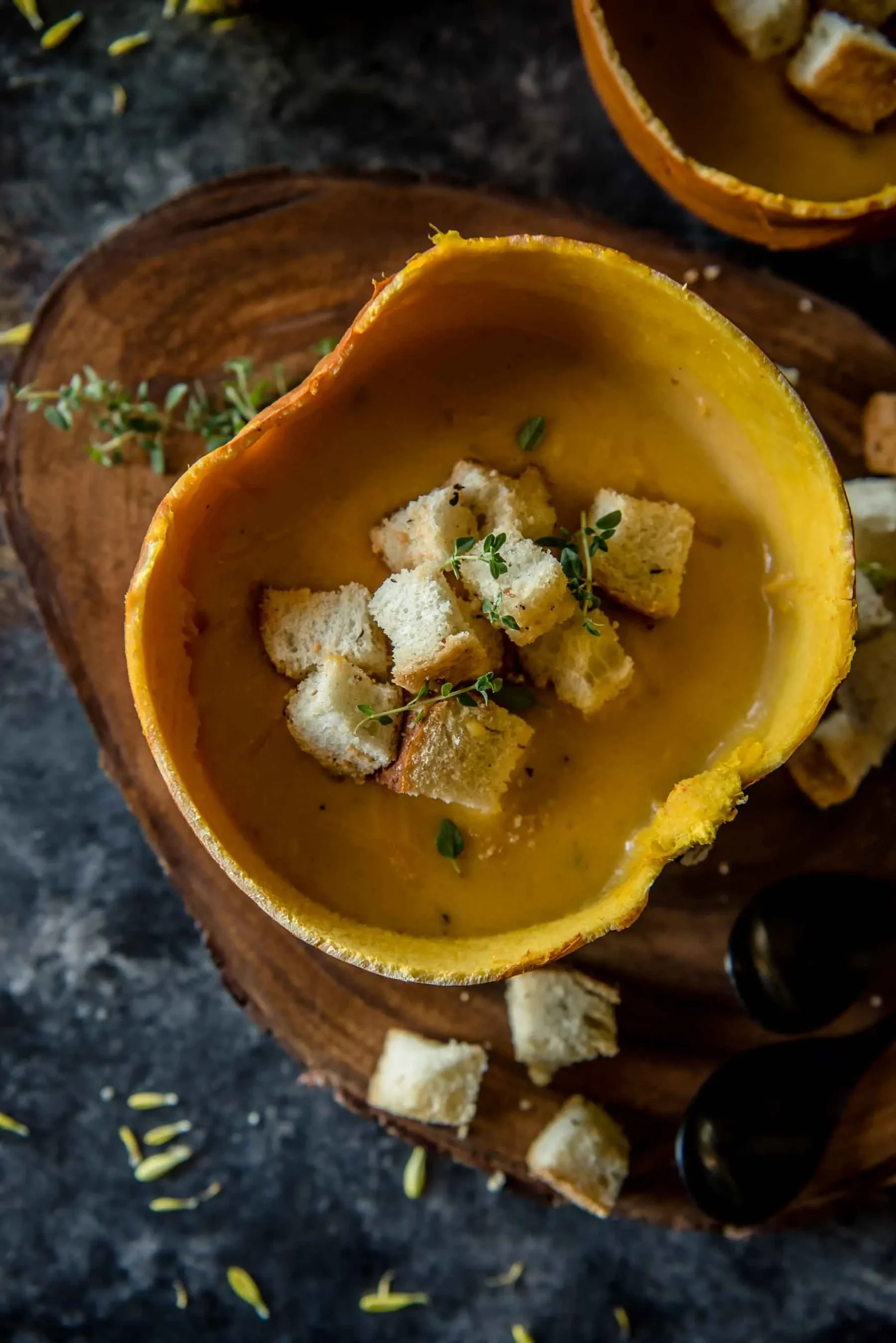 pumpkin beer cheese soup with rosemary croutons