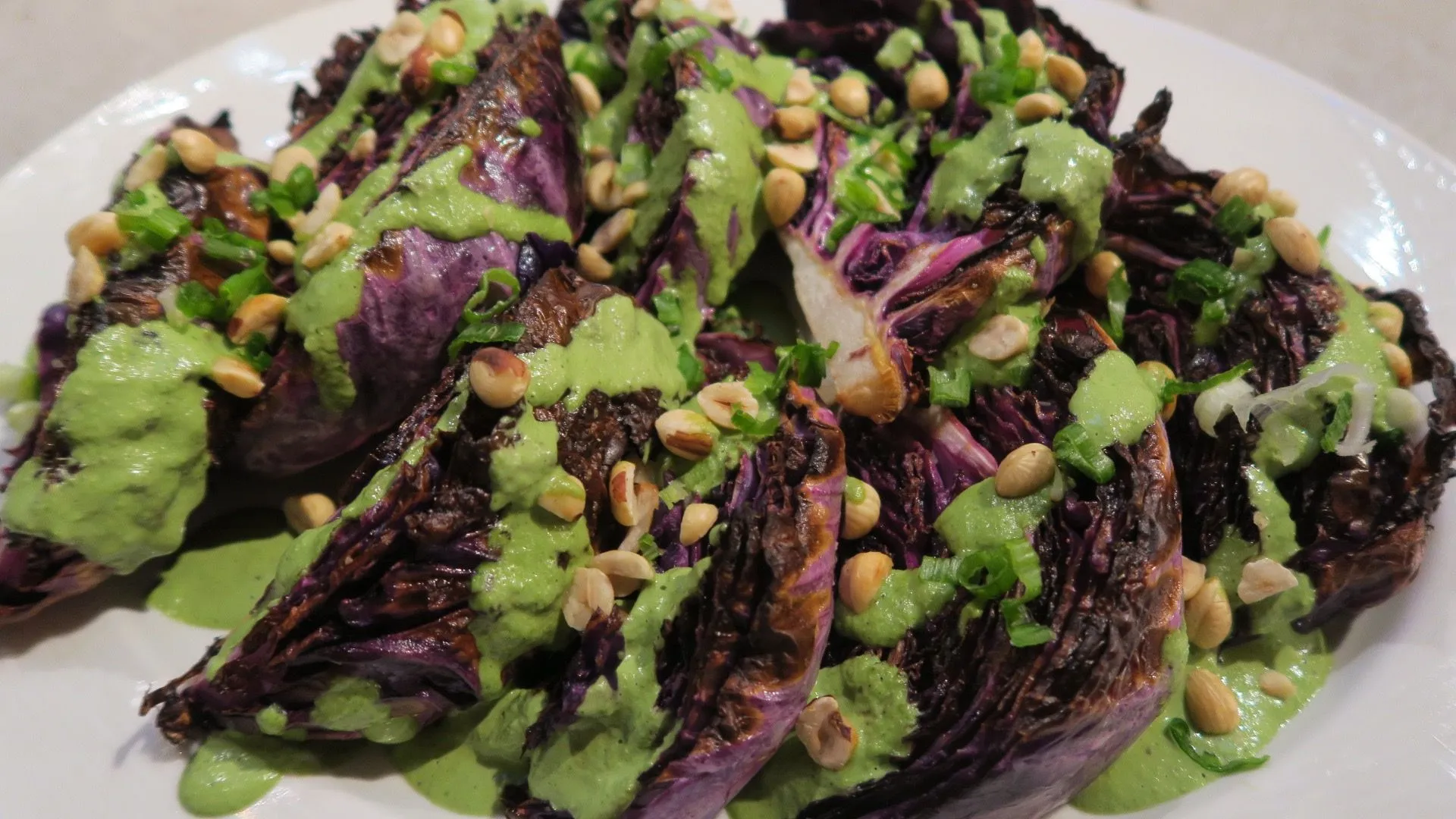 roasted purple cabbage vegan green goddess dressing