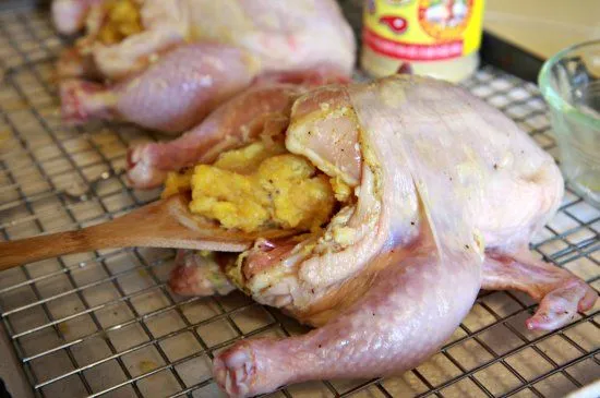 rum glazed cornish hens stuffed with sweet plantains
