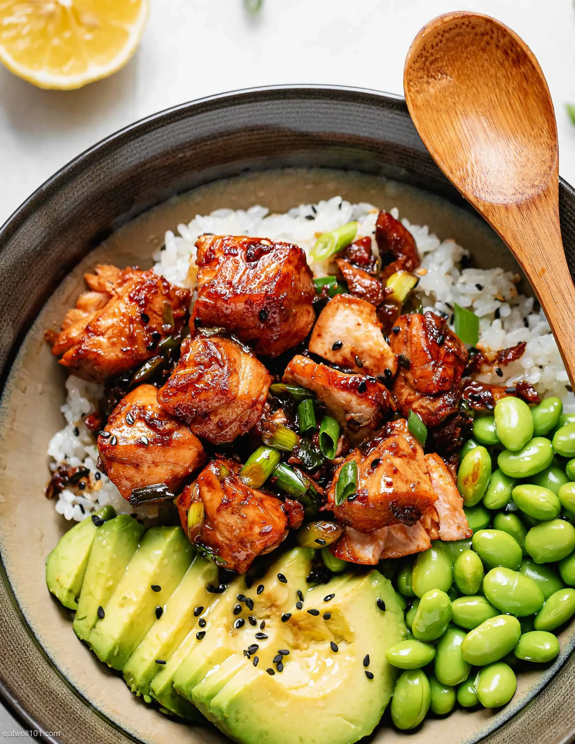 teriyaki salmon broccoli spinach bowls